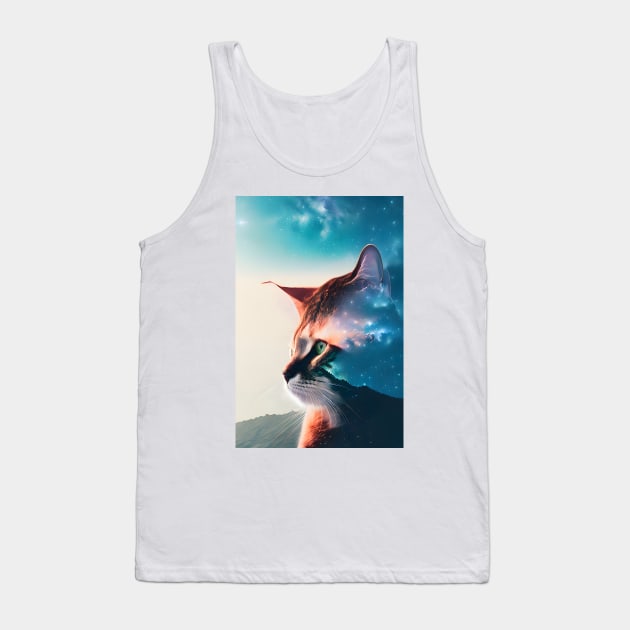 Galaxy Cat Double Exposure - Modern Digital Art Tank Top by Ai-michiart